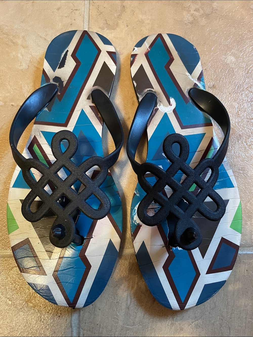 Diane Von Furstenberg Black Strappy Sandals with Blue Geometric Print